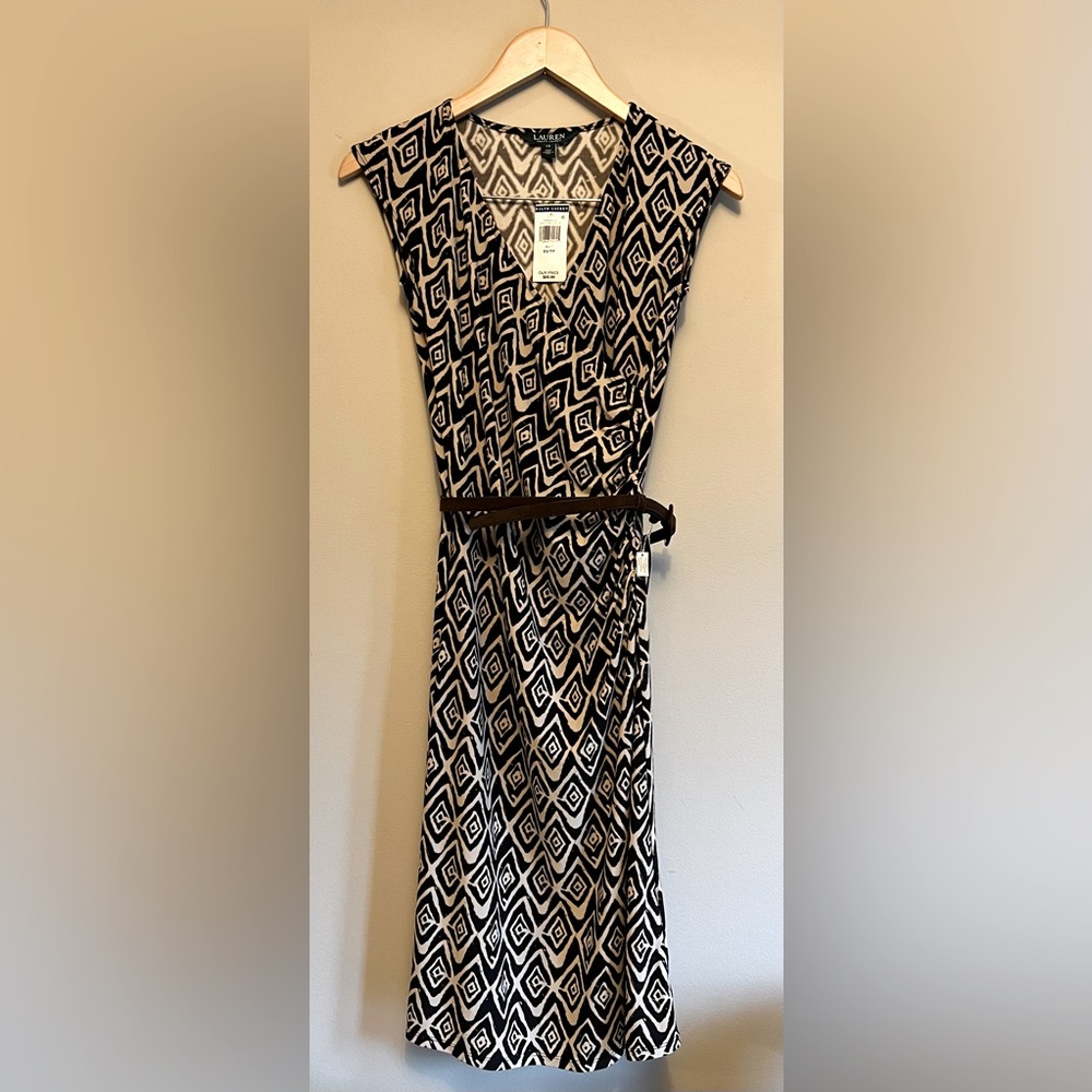 NWT Lauren Ralph Lauren Women’s Brown & Tan Belted Midi Dress Size XS